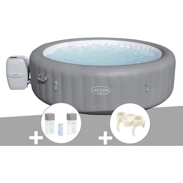 Kit spa gonflable Bestway Lay-Z-Spa Grenada rond Airjet 6/8 places + Kit traitement brome + Porte-gobelets - Gris