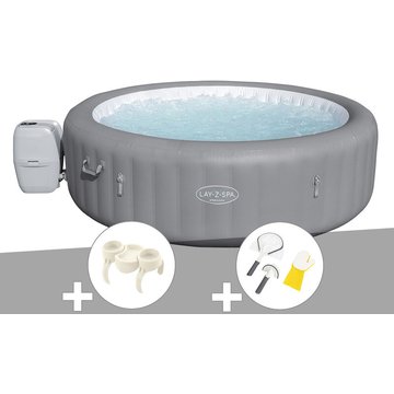 Kit spa gonflable Bestway Lay-Z-Spa Grenada rond Airjet 6/8 places + Porte-gobelets + Kit de nettoyage - Gris