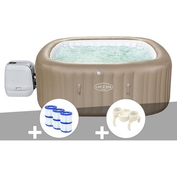 Kit spa gonflable Bestway Lay-Z-Spa Palma carré Hydrojet Pro 5/7 places + 6 filtres + Porte-gobelets - Beige