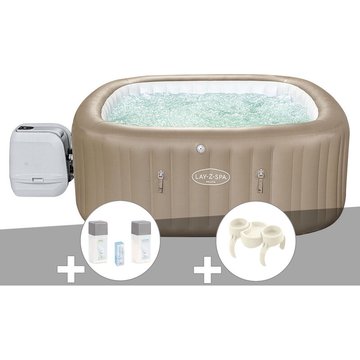 Kit spa gonflable Bestway Lay-Z-Spa Palma carré Hydrojet Pro 5/7 places + Kit traitement brome + Porte-gobelets - Beige