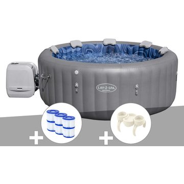 Kit spa gonflable Bestway Lay-Z-Spa Santorini rond HydroJet Pro 5/7 places + 6 filtres + Porte-gobelets - Gris