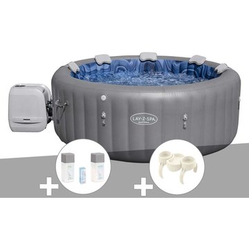 Kit spa gonflable Bestway Lay-Z-Spa Santorini rond HydroJet Pro 5/7 places + Kit traitement brome + Porte-gobelets - Gris