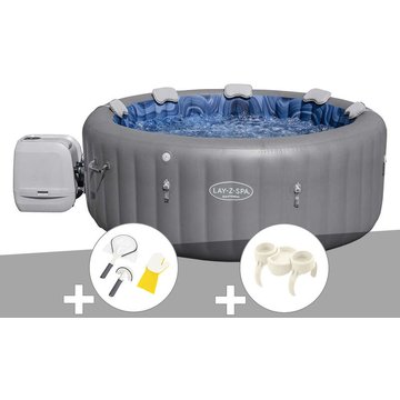 Kit spa gonflable Bestway Lay-Z-Spa Santorini rond HydroJet Pro 5/7 places + Kit de nettoyage + Porte-gobelets - Gris