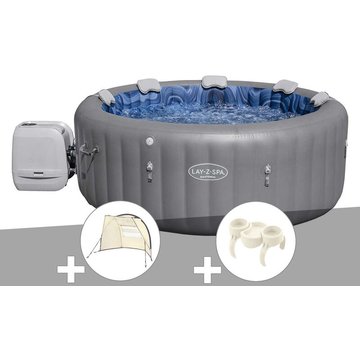 Kit spa gonflable Bestway Lay-Z-Spa Santorini rond HydroJet Pro 5/7 places + Auvent + Porte-gobelets - Gris