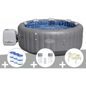 Kit spa gonflable Bestway Lay-Z-Spa Santorini rond HydroJet Pro 5/7 places + 6 filtres + Kit traitement brome + Porte-gobelets - Gris