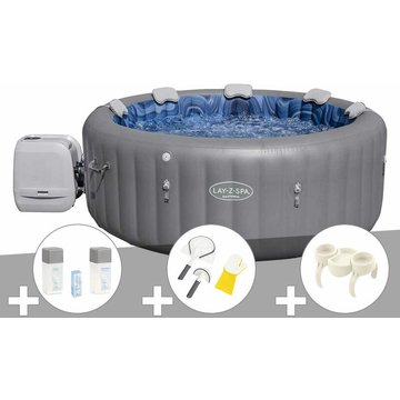 Kit spa gonflable Bestway Lay-Z-Spa Santorini rond HydroJet Pro 5/7 places + Kit traitement brome + Kit de nettoyage + Porte-gobelets - Gris
