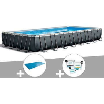 Intex Piscine - Kit piscine tubulaire Ultra XTR Frame rectangulaire 9,75 x 4,88 x 1,32 m + Bâche à bulles + Kit de traitement au chlore - Gris