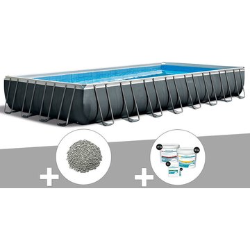 Intex Piscine - Kit piscine tubulaire Ultra XTR Frame rectangulaire 9,75 x 4,88 x 1,32 m + 20 kg de zéolite + Kit de traitement au chlore - Gris