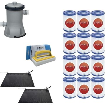 WAYS - 2x Tapis solaire & Pompe de filtration 2006 L/h pour piscine & 12 Filtres Type II & Brosse à récurer blanche