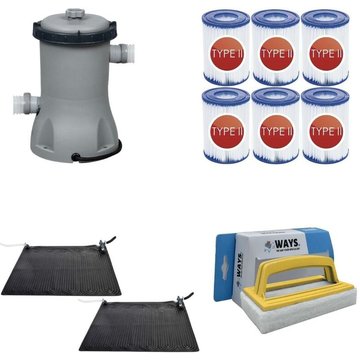 WAYS - 2x Tapis solaire & Pompe de filtration pour piscine 2006 L/h & 6 Filtres Type II & Brosse à récurer WAYS - blanche