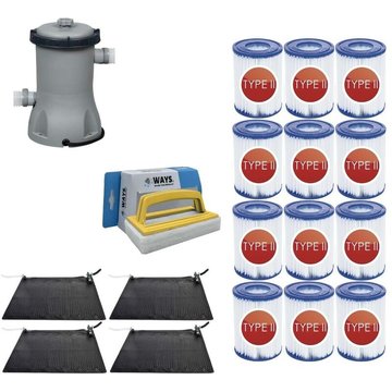 WAYS - 4x Tapis solaire pour piscine & Pompe de filtration 2006 L/h & 12 Filtres Type II & Brosse à récurer blanche
