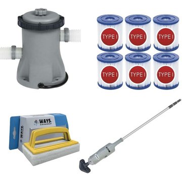 WAYS - Aspirateur de piscine & Pompe de filtration 1249 L/h & 6 Filtres Type I & Brosse à récurer blanche