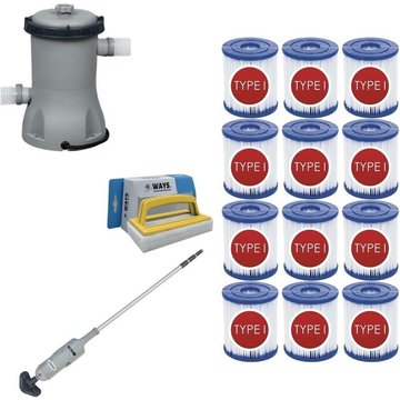 WAYS - Aspirateur de piscine & Pompe de filtration 2006 L/h & 12 Filtres Type II & Brosse à récurer blanche pour piscine