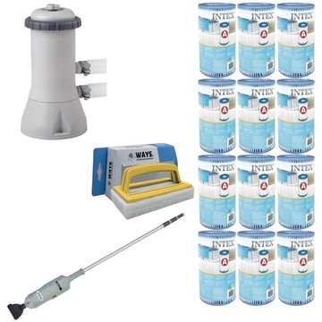 WAYS - Aspirateur de piscine & Pompe de filtration 3407 L/h & 12 Filtres Type A & Brosse à récurer blanche pour piscine