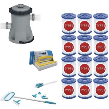 WAYS - Kit d'entretien Deluxe pour piscine & Pompe de filtration 1249 L/h & 12 Filtres Type i & Brosse à récurer blanche