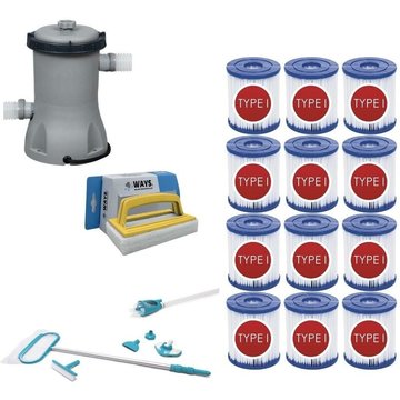 WAYS - Kit d'entretien Deluxe pour piscine & Pompe de filtration 2006 L/h & 12 Filtres Type II & Brosse à récurer blanche