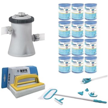WAYS - Kit d'entretien Deluxe pour piscine & Pompe de filtration 1250 L/h & 12 Filtres Type H & Brosse à récurer WAYS - blanche