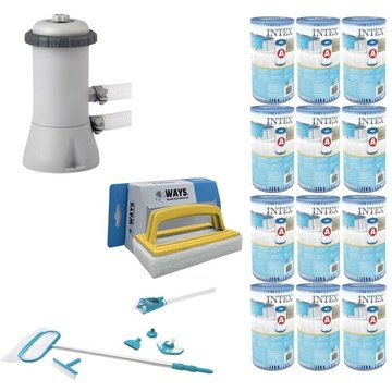 WAYS - Kit d'entretien piscine Deluxe & Pompe de filtration 2271 L/h & 12 Filtres Type A & Brosse à récurer WAYS - blanche