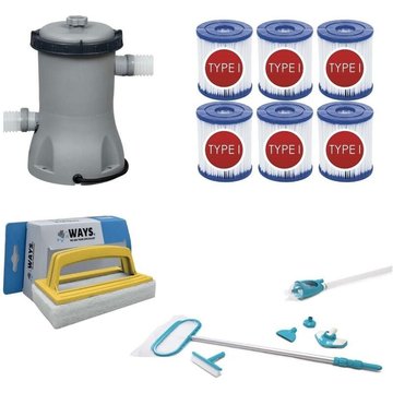 WAYS - Kit d'entretien Deluxe pour piscine & Pompe de filtration 2006 L/h & 6 Filtres Type II & Brosse à récurer blanche