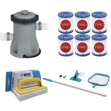 WAYS - Kit d'entretien pour piscine & Pompe de filtration 1249 L/h & 6 Filtres Type i & Brosse à récurer blanche