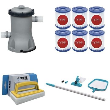 WAYS - Kit d'entretien piscine & Pompe de filtration 2006 L/h & 6 Filtres Type II & Brosse à récurer blanche