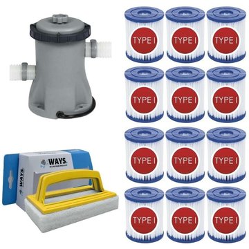 WAYS - Pompe de filtration 1249 L/h & 12 Filtres Type i & Brosse à récurer blanche pour piscine