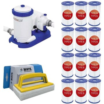 WAYS - Pompe de filtration pour piscine 9463 L/h & 12 filtres Type IV & Brosse à récurer blanche