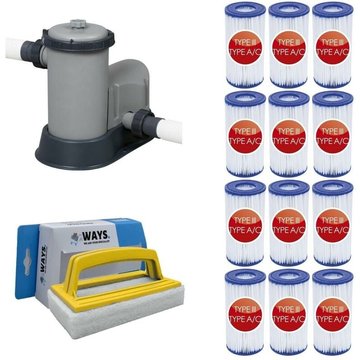 WAYS - Pompe de filtration pour piscine 5678 L/h & 12 Filtres Type III & Brosse à récurer blanche