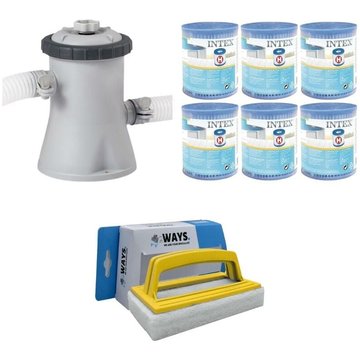 WAYS - Pompe de filtration 1250 L/h & 6 Filtres Type H & Brosse à récurer blanche pour piscine