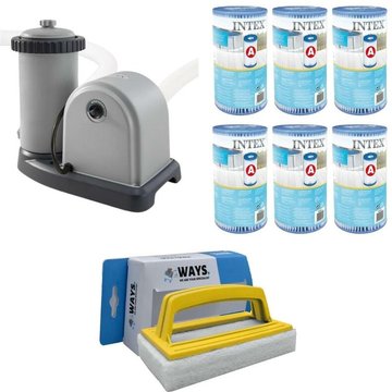 WAYS - Pompe de filtration pour piscine 5678 L/h & 6 Filtres Type A & Brosse à récurer blanche