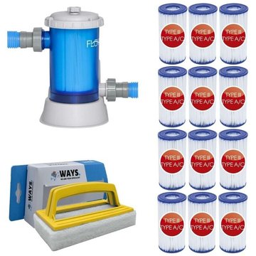 WAYS - Pompe de piscine de filtration 5678 L/h & 12 Filtres Type III & Brosse à récurer blanche