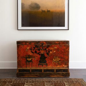 View Unique one of a kind - hand painted storage trunk - rich red - wooden