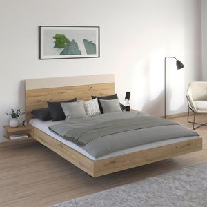View Monza bed - with 2 hanging bedside tables - artisan oak & champagne - 5ft king size