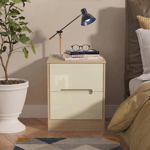 View Monaco bedside cabinet - 2 drawer - cream gloss and light oak