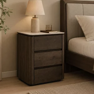 View Ritz fluted nightstand - 3 drawer - brown - ceramic and recycled wood