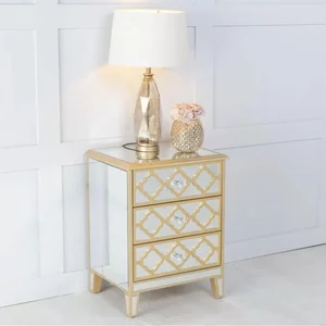 View Casablanca bedside cabinet - 3 drawer - mirrored - gold trim