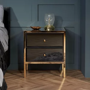 View Fenwick bedside cabinet - 2 drawer - black glass - gold trim