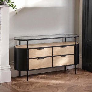 View Ivy curved chest - 4 drawer - wide - glass top - natural and black metal