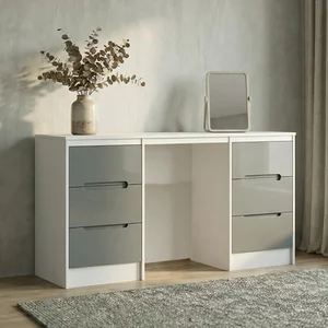 View Monaco dressing table - double - 6 drawer - grey gloss and white