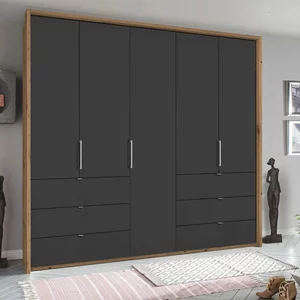 View Erimo wardrobe - 254cm - 5 door - 6 drawer - artisan oak & basalt glass