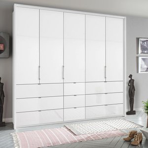 View Erimo wardrobe - 254cm - 5 door - 9 drawer - alpine white & crystal white glass