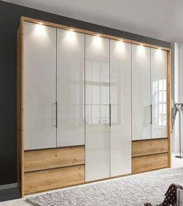 View Asmara wardrobe - 6 door - oak and grey glass - 4 drawers