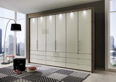 View Loft wardrobe - 6 door bi fold - magnolia glass and oak carcase - 9 drawers