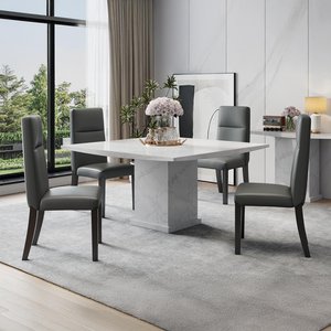 View Turin dining set - 8 seater - 140cm - square - white marble - venezia dining chairs - grey leather View Turin dining set - 8 seater - 140cm - square - white marble - venezia dining chairs - grey leather