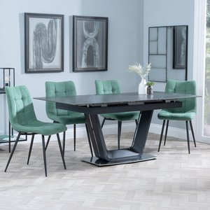 View Alpha extending dining set - 6-8 seater - 140cm-180cm - black ceramic - corona dining chair - green fabric View Alpha extending dining set - 6-8 seater - 140cm-180cm - black ceramic - corona dining chair - green fabric
