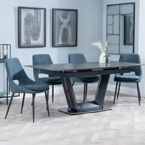 View Alpha extending dining set - 6-8 seater - 140cm-180cm - black ceramic - peyton dining chair - blue fabric View Alpha extending dining set - 6-8 seater - 140cm-180cm - black ceramic - peyton dining chair - blue fabric