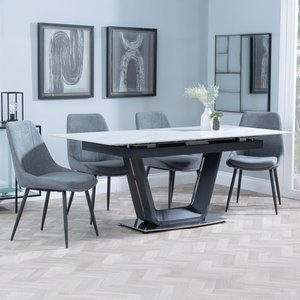 View Alpha extending dining set - 6-8 seater - 140cm-180cm - white ceramic - darwin dining chair - grey fabric View Alpha extending dining set - 6-8 seater - 140cm-180cm - white ceramic - darwin dining chair - grey fabric