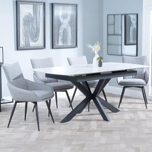 View Bari extending dining set - 6-8 seater - 140cm-180cm - white ceramic - ace swivel dining chair - grey fabric View Bari extending dining set - 6-8 seater - 140cm-180cm - white ceramic - ace swivel dining chair - grey fabric