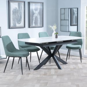 View Bari extending dining set - 6-8 seater - 140cm-180cm - white ceramic - darwin dining chair - green fabric View Bari extending dining set - 6-8 seater - 140cm-180cm - white ceramic - darwin dining chair - green fabric
