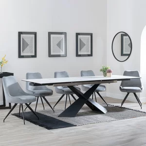 View Get 2 chairs free - clearance - hayden extending dining set - 160cm-240cm - white ceramic - arctic swivel chair - grey velvet fabric View Get 2 chairs free - clearance - hayden extending dining set - 160cm-240cm - white ceramic - arctic swivel chair - grey velvet fabric